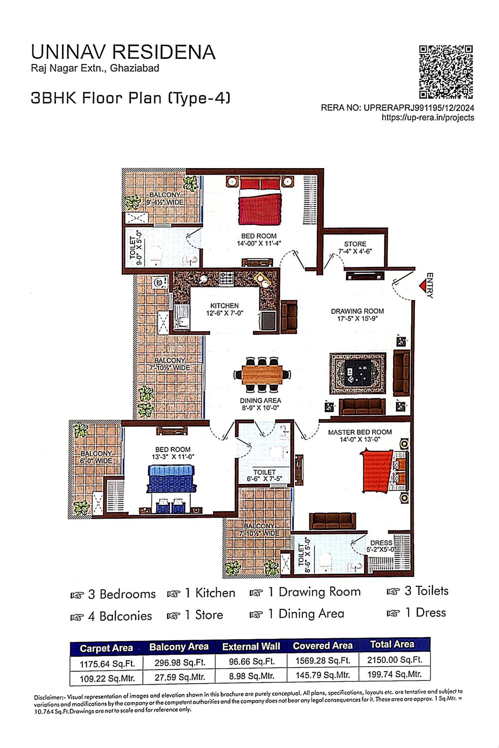 Uninav Residena 3 BHK + Study floor plan